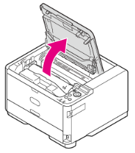 Apertura del coperchio su stampante OKI B412, B432, B512 per accesso al toner